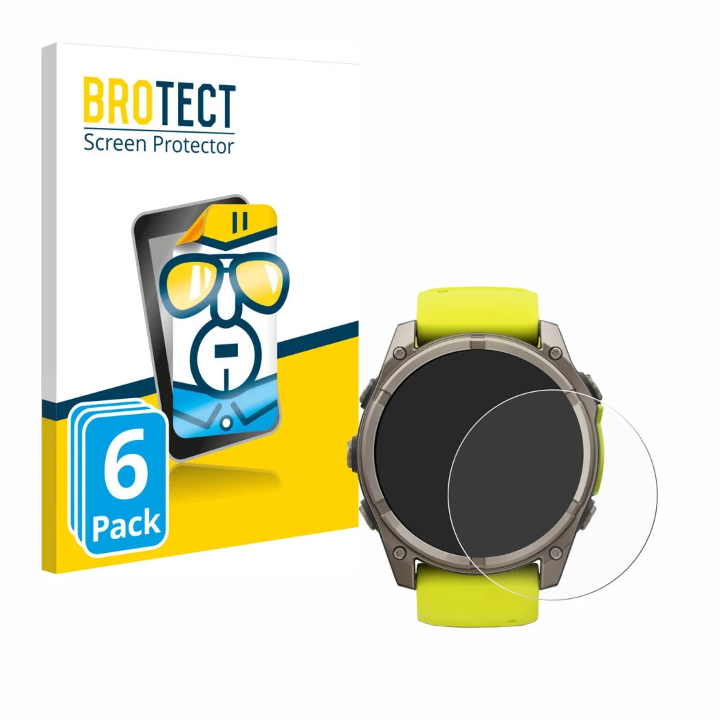 Front side of a product packaging with the brand logo BROTECT. Next to it is the device Garmin Fenix 8 Solar (51 mm) shown wit