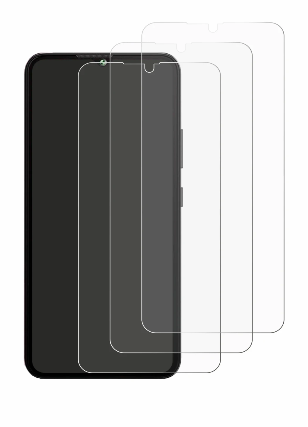 Image of the device Cubot A10 with a wide variety of screen protectors.