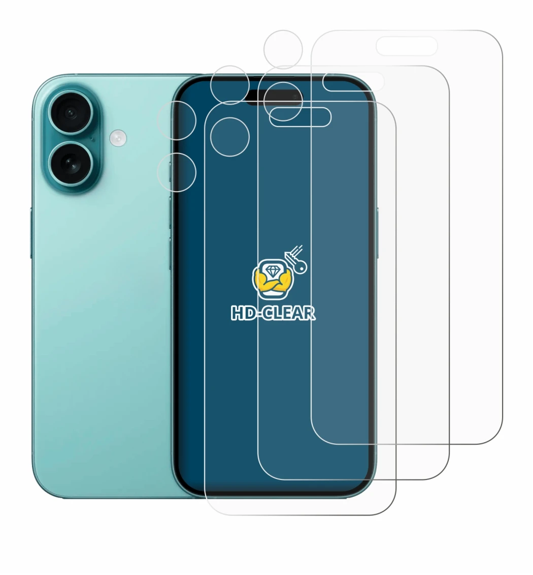 Image of the device Apple iPhone 16 (Front+Camera) with a wide variety of screen protectors.