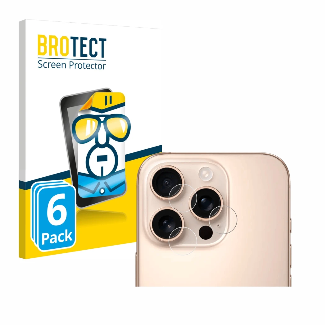 Front side of a product packaging with the brand logo BROTECT. Next to it is the device Apple iPhone 16 Pro (ONLY Camera Lens)