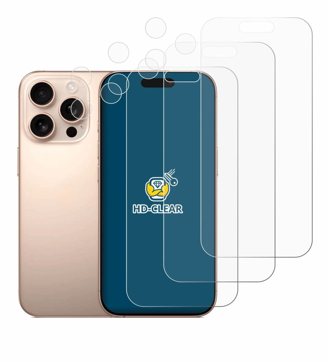 Image of the device Apple iPhone 16 Pro (Front+Camera) with a wide variety of screen protectors.