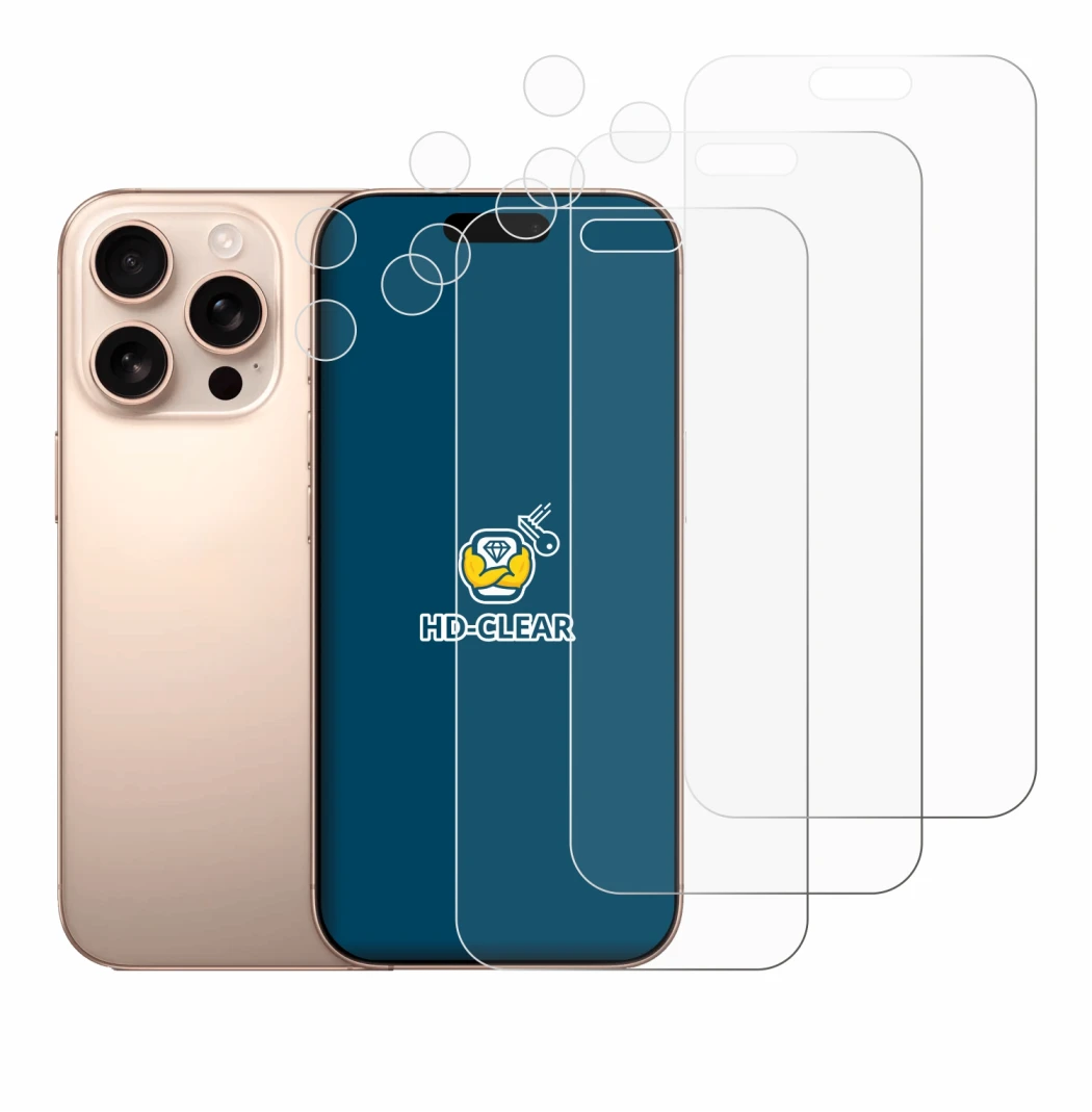 Image of the device Apple iPhone 16 Pro Max (Front+Camera) with a wide variety of screen protectors.