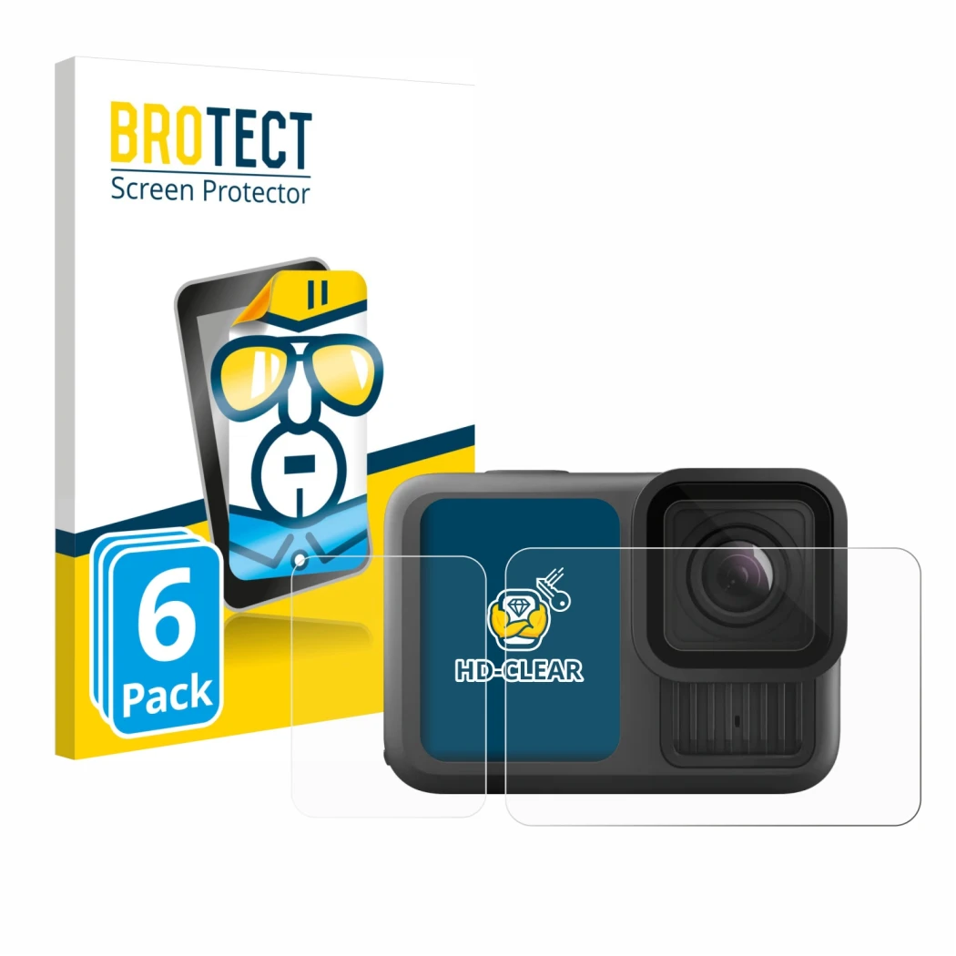 Front side of a product packaging with the brand logo BROTECT. Next to it is the device GoPro Hero 13 Black shown with the cor