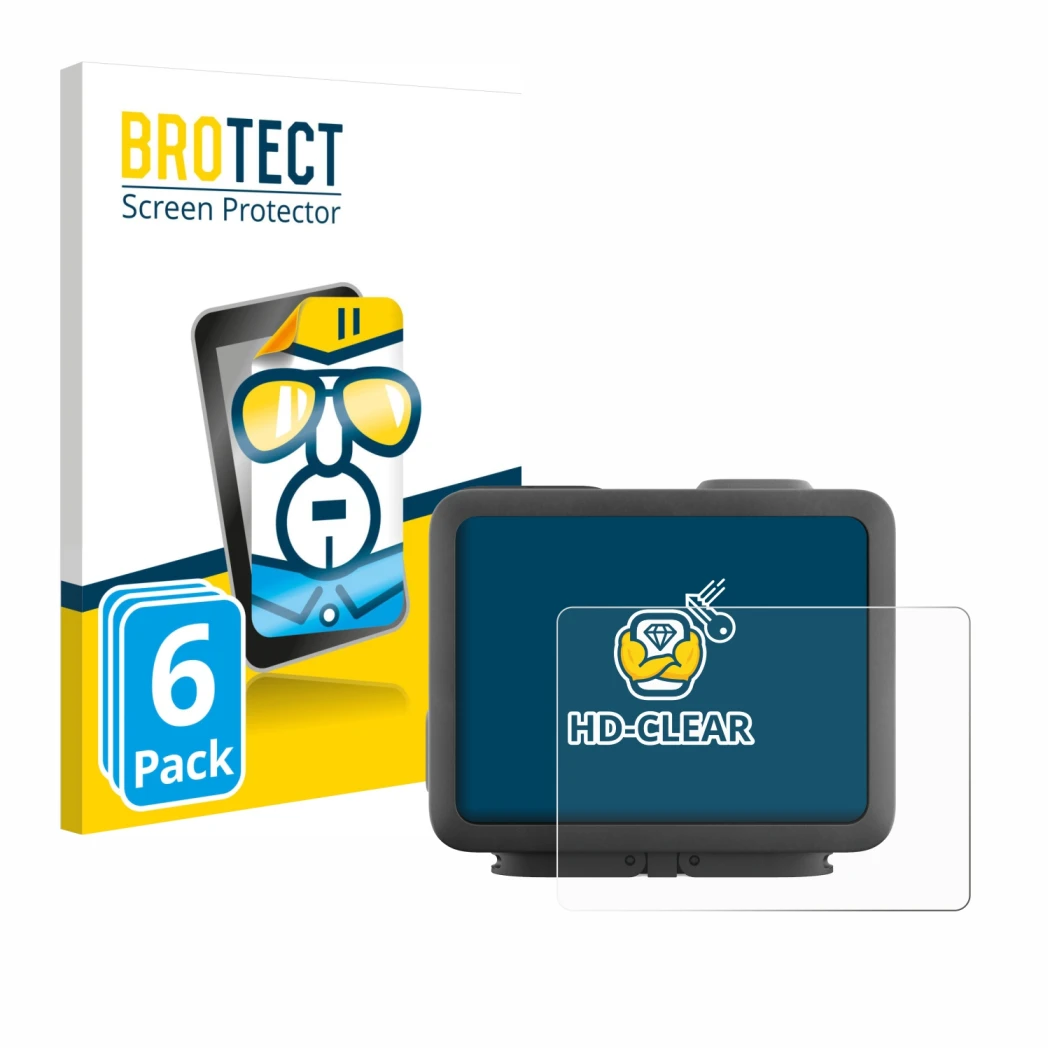 Front side of a product packaging with the brand logo BROTECT. Next to it is the device GoPro Hero 4k shown with the correspon