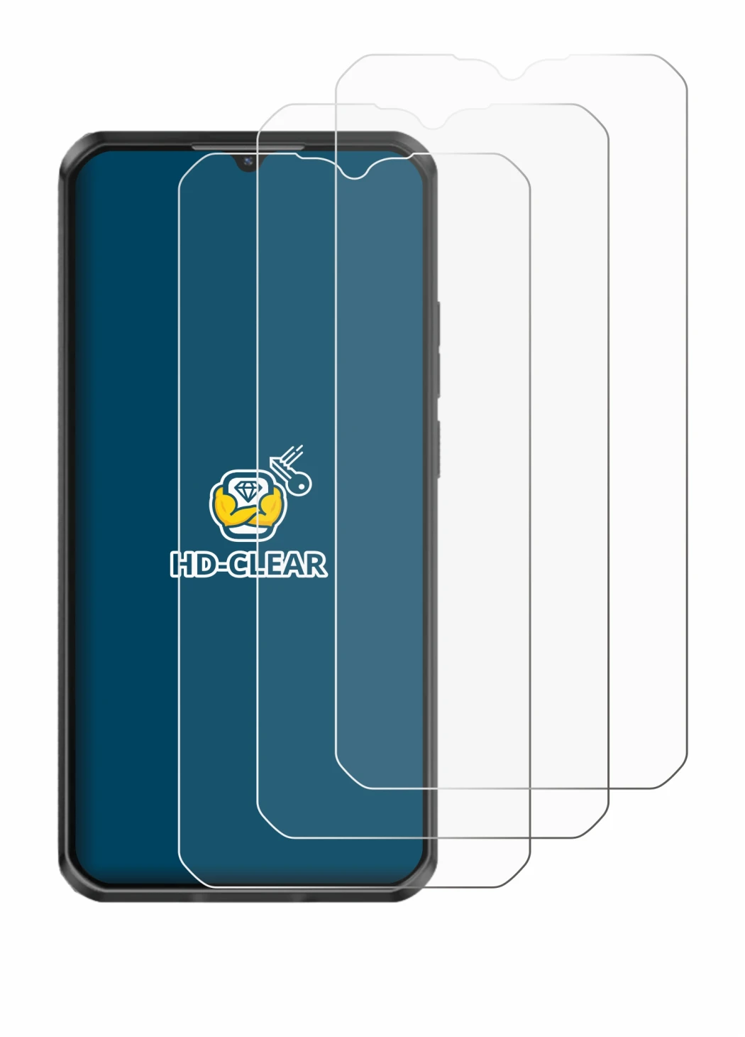 Image of the device Oukitel WP50 with a wide variety of screen protectors.