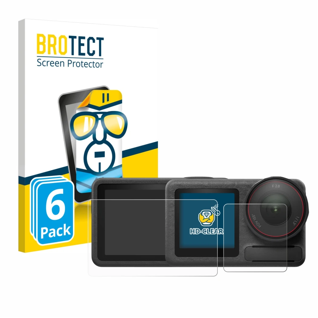 Front side of a product packaging with the brand logo BROTECT. Next to it is the device DJI Osmo Action 5 Pro shown with the c