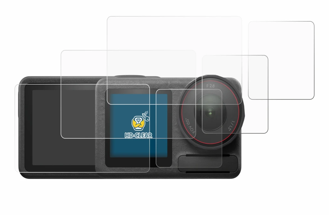 Image of the device DJI Osmo Action 5 Pro with a wide variety of screen protectors.