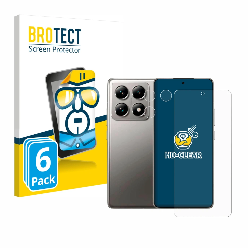 Front side of a product packaging with the brand logo BROTECT. Next to it is the device Xiaomi 14T (Front+Camera) shown with t