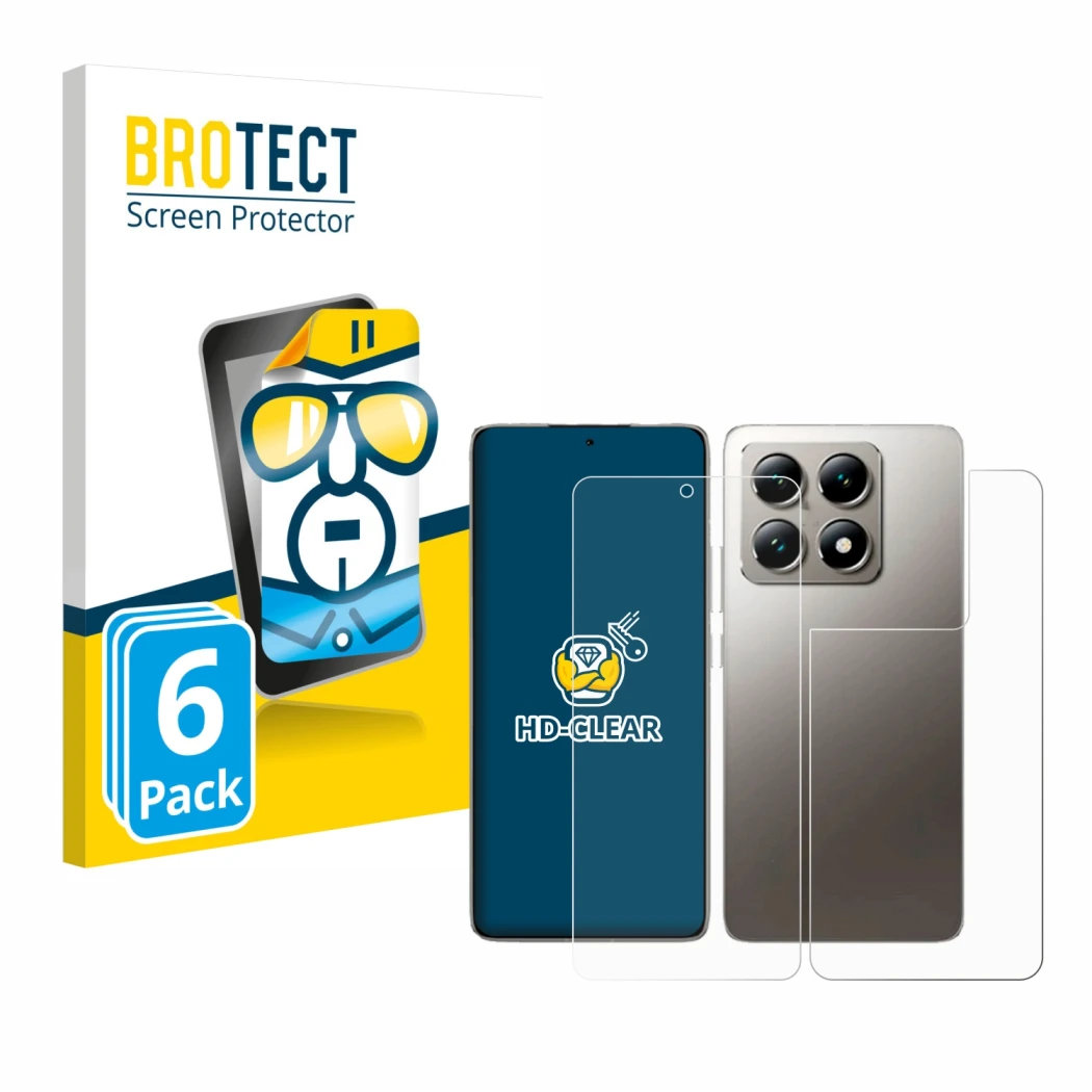 Front side of a product packaging with the brand logo BROTECT. Next to it is the device Xiaomi 14T (Front+Back) shown with the