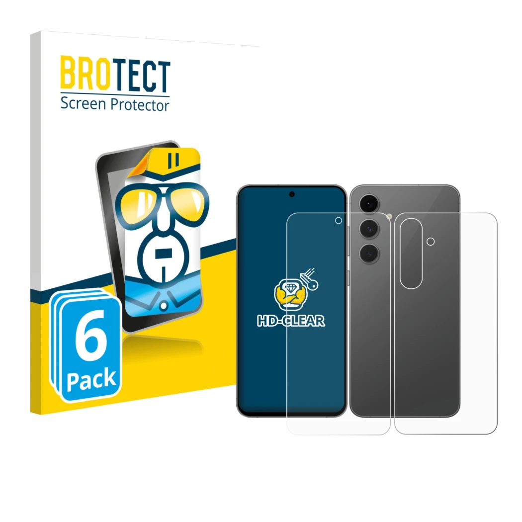 Front side of a product packaging with the brand logo BROTECT. Next to it is the device Samsung Galaxy S24 FE (Front+Back) sho