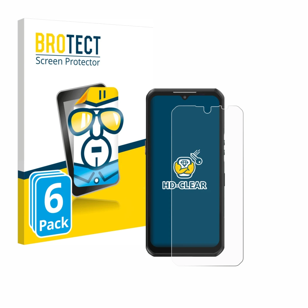 Front side of a product packaging with the brand logo BROTECT. Next to it is the device Oukitel WP39 shown with the correspond