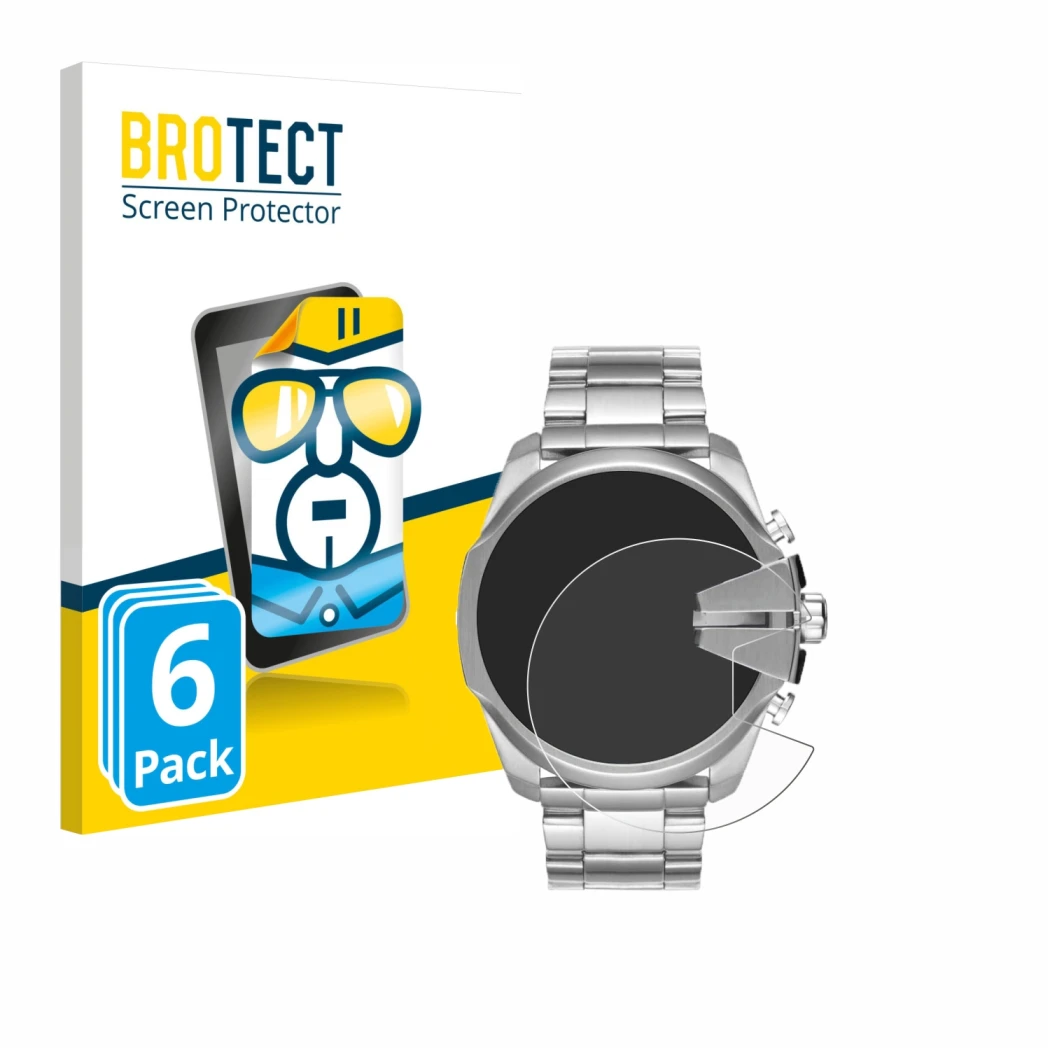 Front side of a product packaging with the brand logo BROTECT. Next to it is the device Diesel Mega Chief DZ4417 shown with th