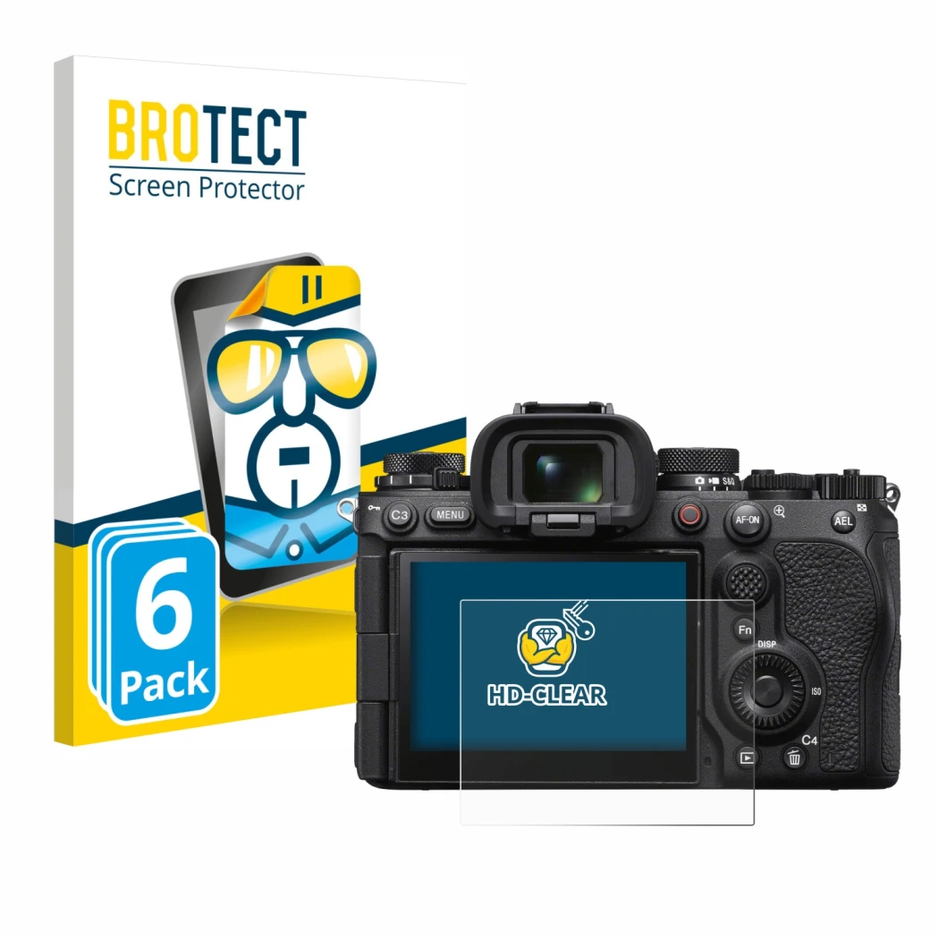 Front side of a product packaging with the brand logo BROTECT. Next to it is the device Sony Alpha 1 II (ILCE1M2B) shown with