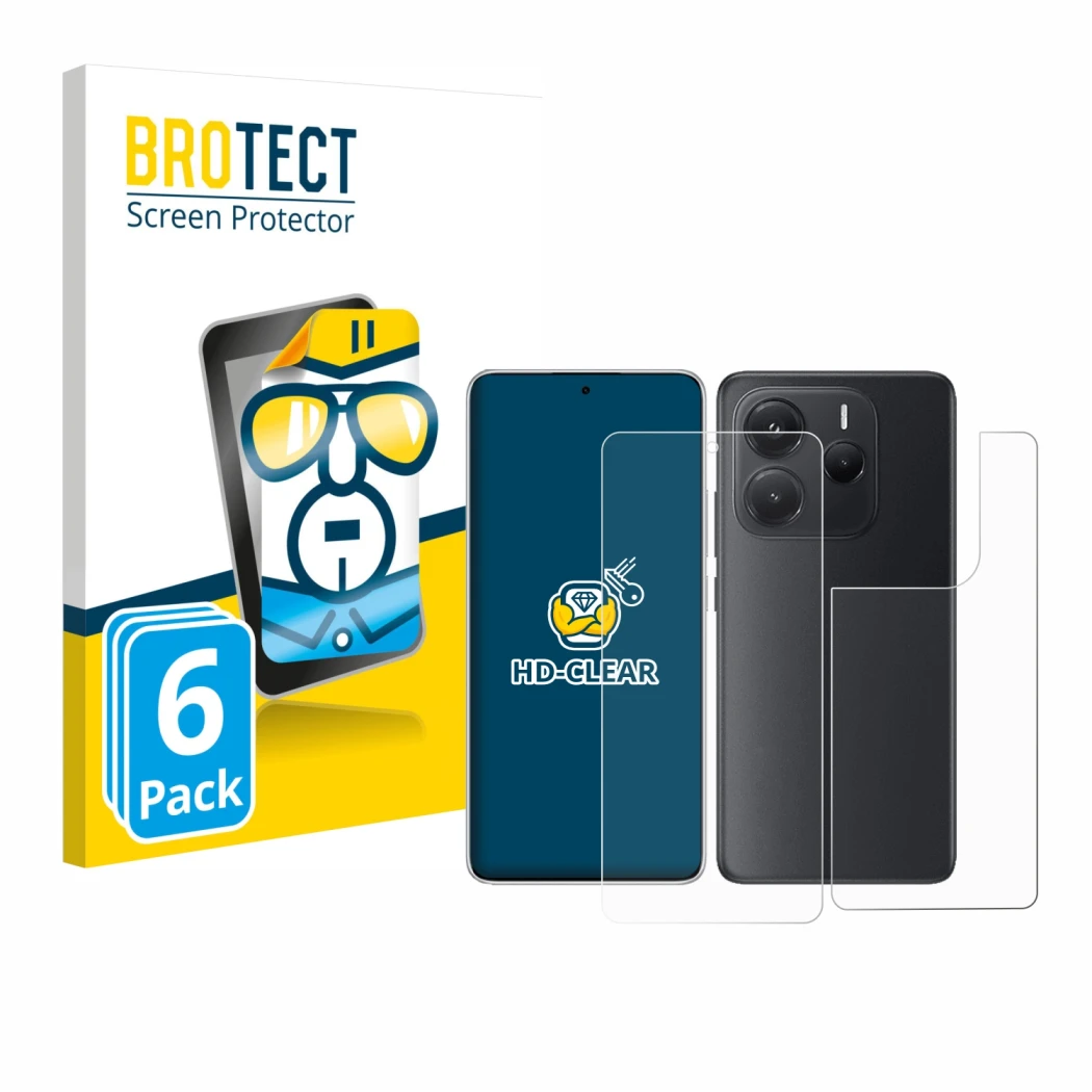 Front side of a product packaging with the brand logo BROTECT. Next to it is the device Xiaomi Redmi Note 14 (Front+Back) show