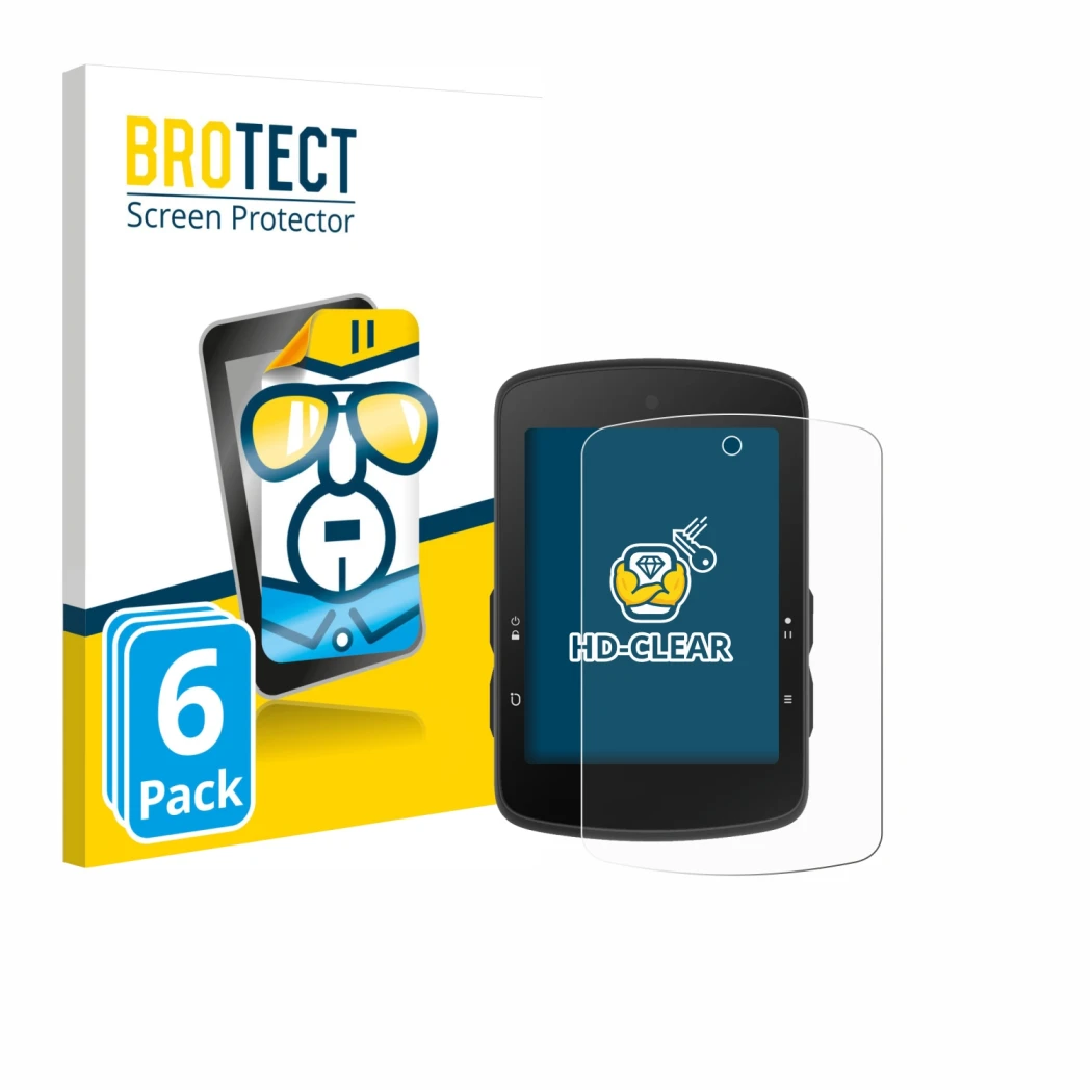 Front side of a product packaging with the brand logo BROTECT. Next to it is the device Bryton Rider S510 shown with the corre