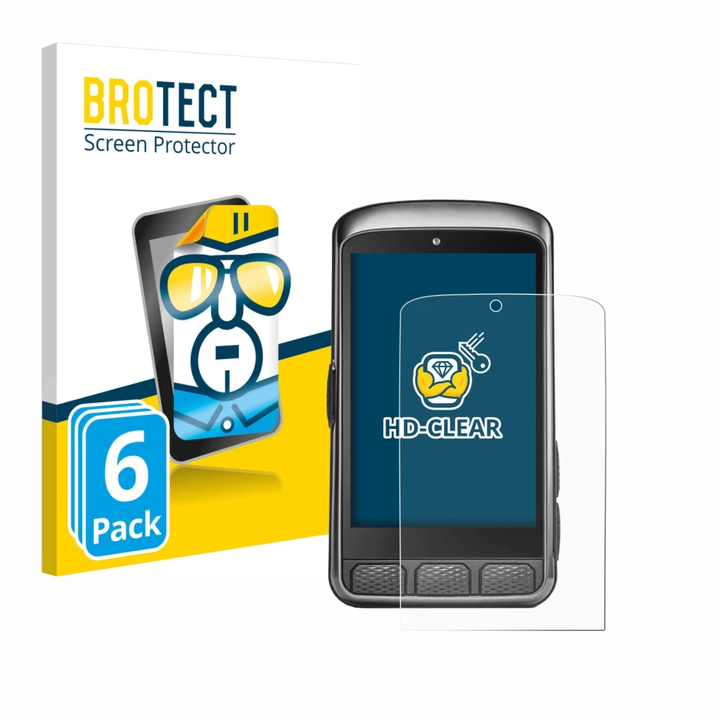 Front side of a product packaging with the brand logo BROTECT. Next to it is the device Wahoo Elemnt ACE shown with the corres