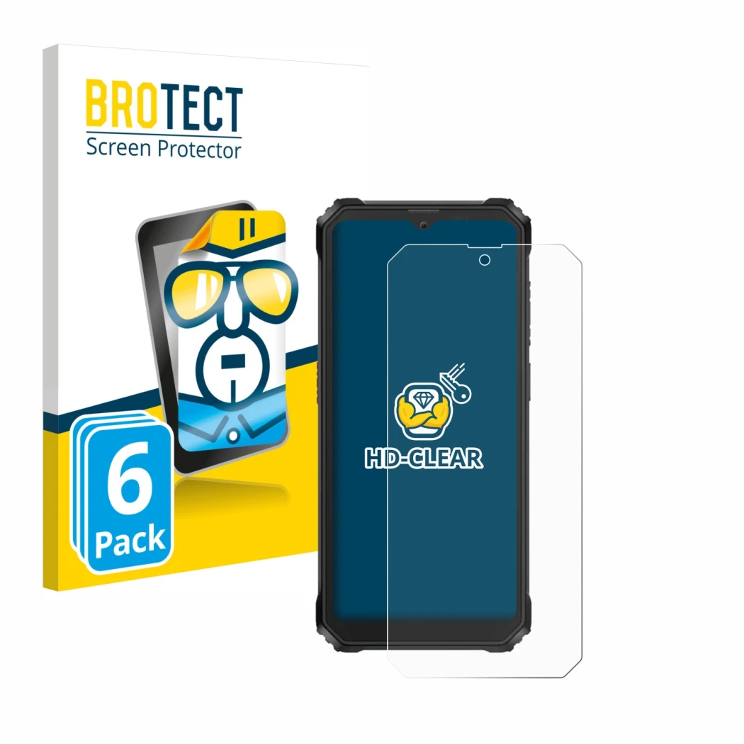 Front side of a product packaging with the brand logo BROTECT. Next to it is the device Blackview BV6200 Plus shown with the c