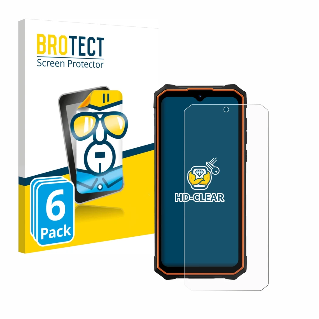 Front side of a product packaging with the brand logo BROTECT. Next to it is the device Hotwav Cyber 13 shown with the corresp