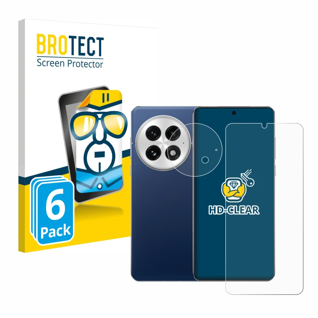 Front side of a product packaging with the brand logo BROTECT. Next to it is the device OnePlus 13 (Front+Camera) shown with t