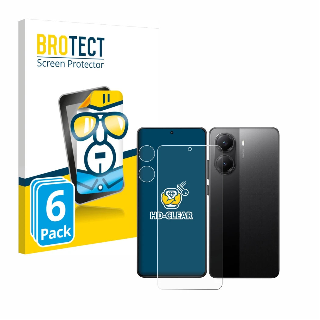 Front side of a product packaging with the brand logo BROTECT. Next to it is the device Xiaomi Poco X7 Pro (Front+Camera) show