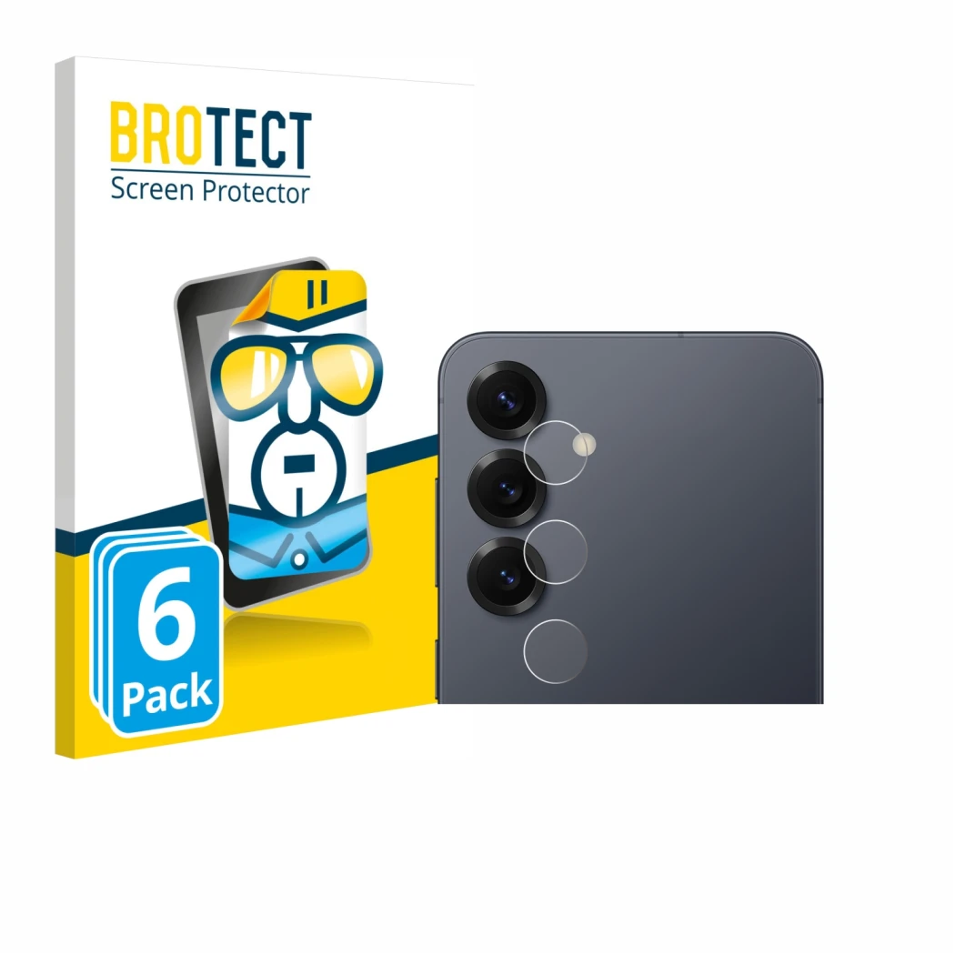 Front side of a product packaging with the brand logo BROTECT. Next to it is the device Samsung Galaxy S25 (ONLY Camera Lens) 
