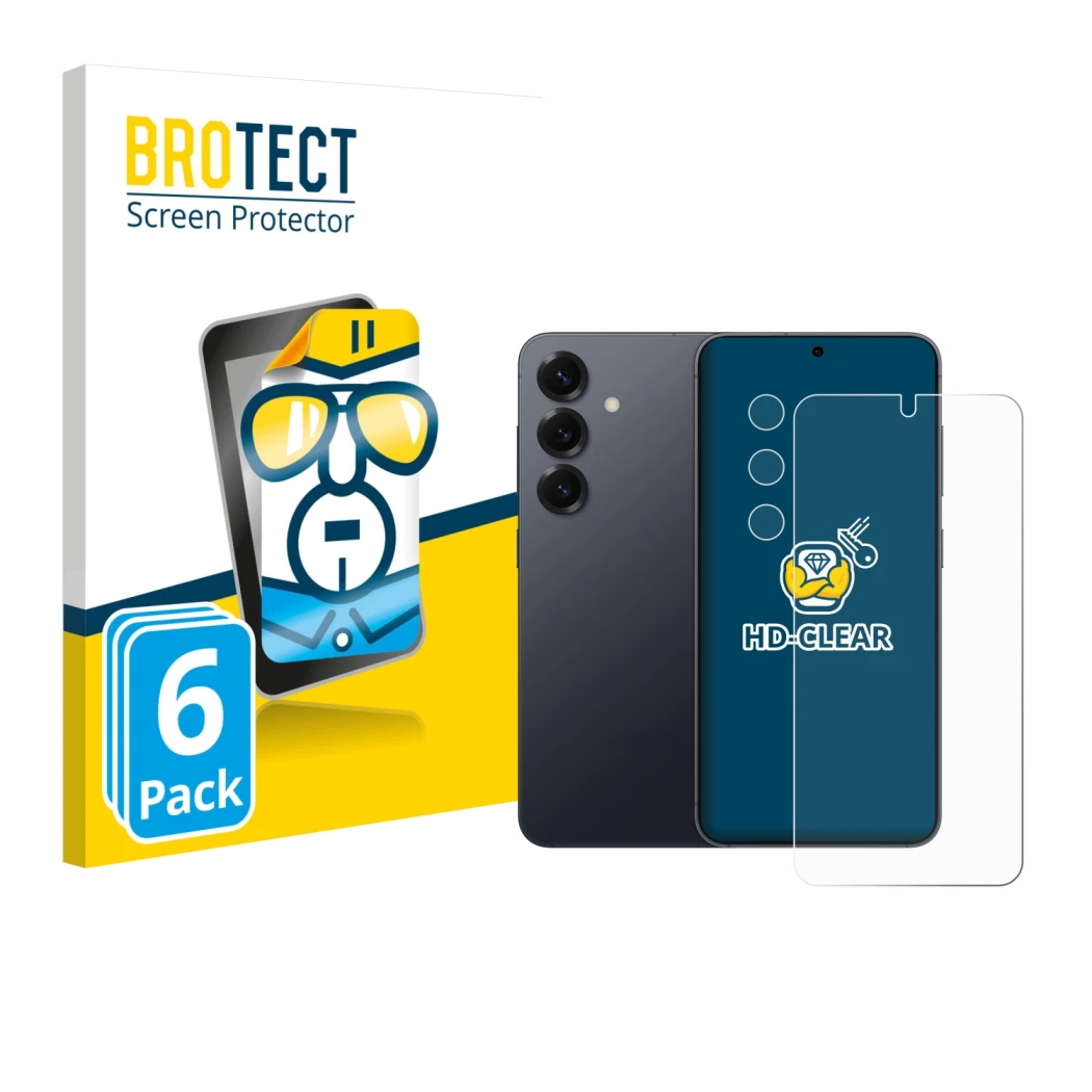 Front side of a product packaging with the brand logo BROTECT. Next to it is the device Samsung Galaxy S25 (Front+Camera) show
