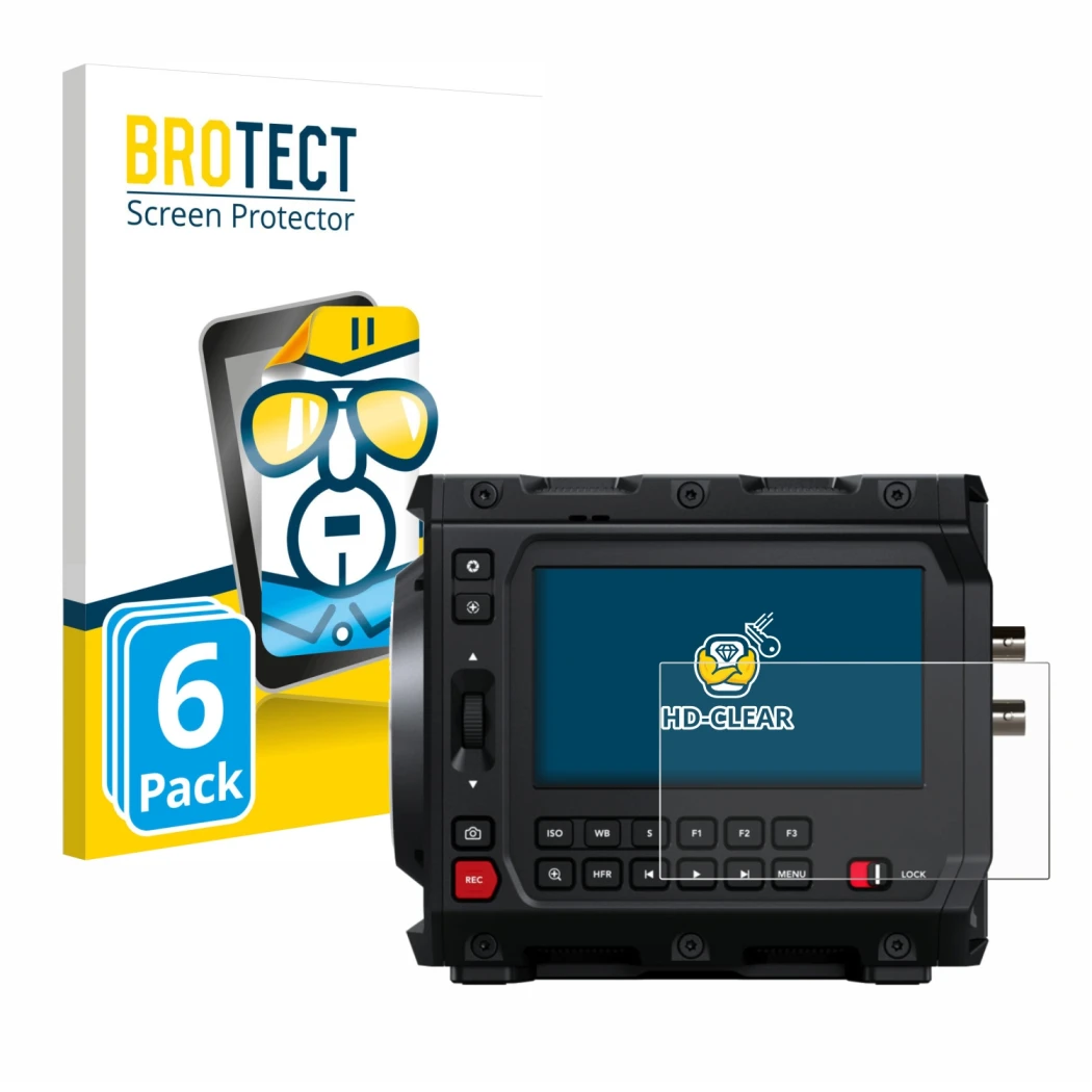 Front side of a product packaging with the brand logo BROTECT. Next to it is the device Blackmagic Design Pyxis 6K 4