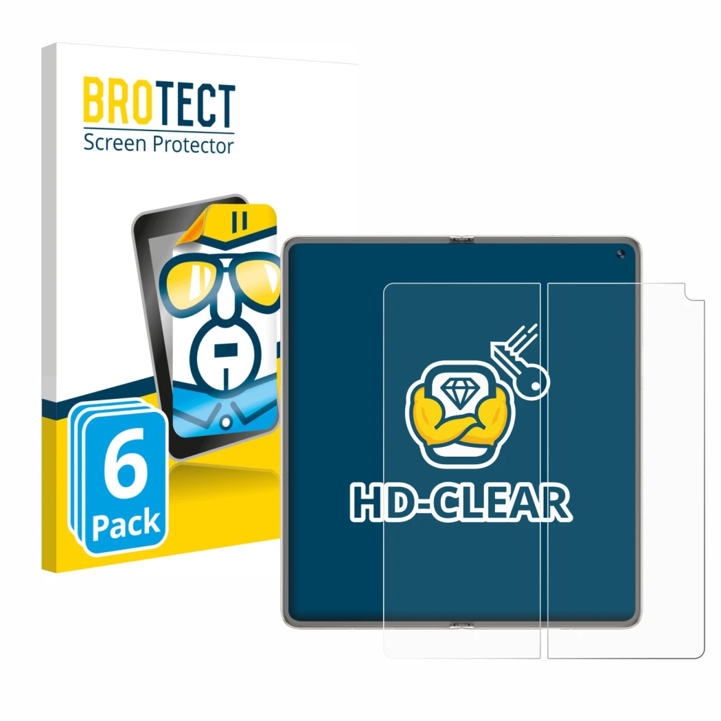 Front side of a product packaging with the brand logo BROTECT. Next to it is the device Huawei Mate X6 (Inner display) shown w