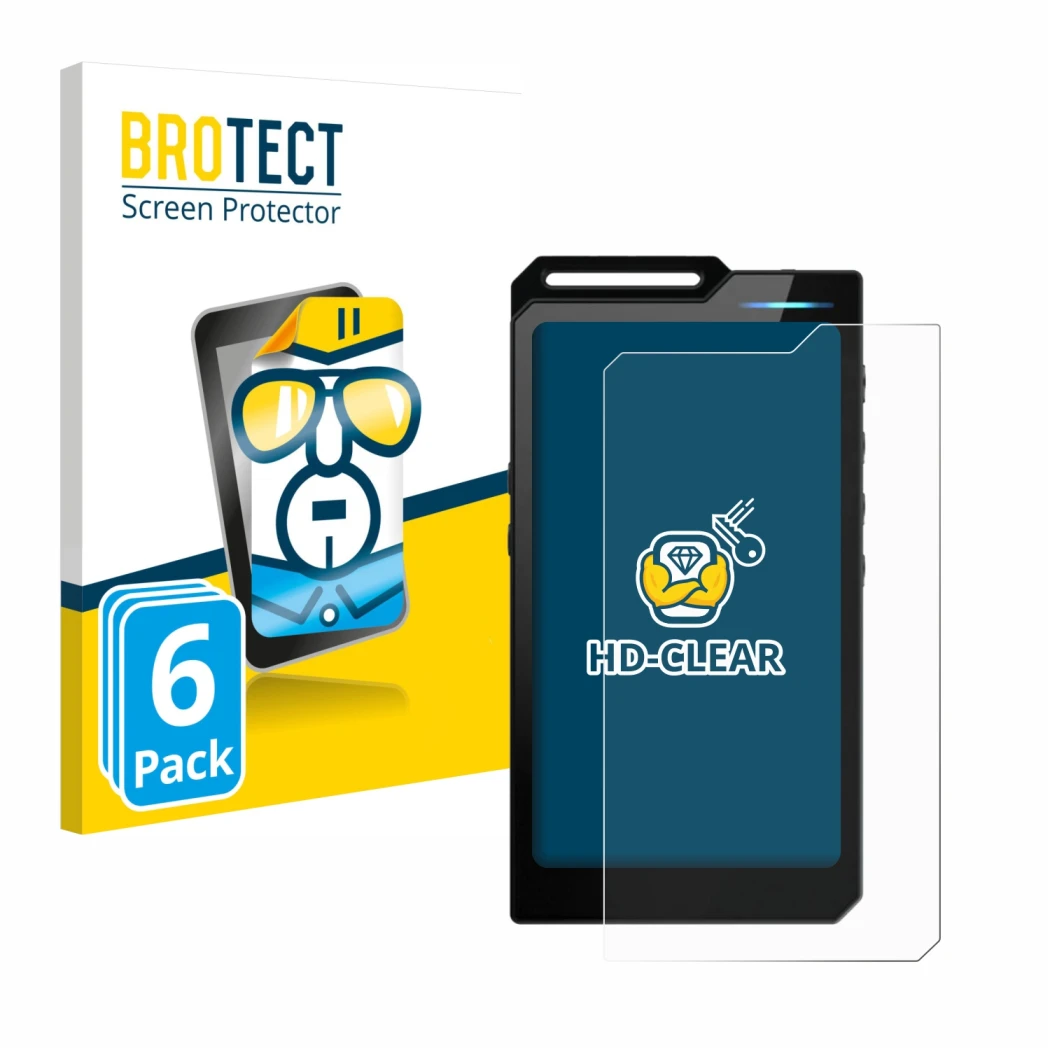 Front side of a product packaging with the brand logo BROTECT. Next to it is the device Hiby R4 shown with the corresponding s