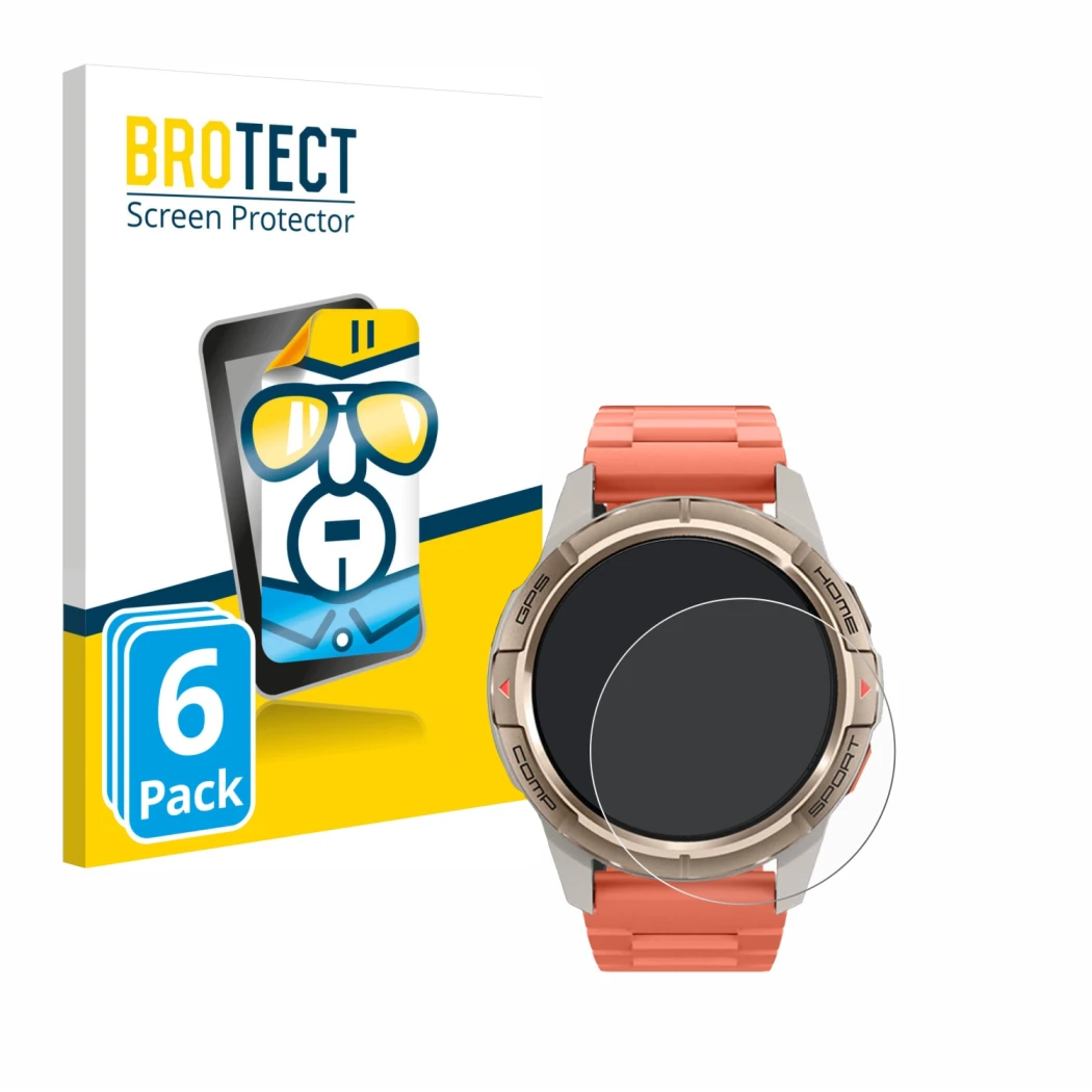 Front side of a product packaging with the brand logo BROTECT. Next to it is the device Xiaomi Mibro GS Active shown with the 