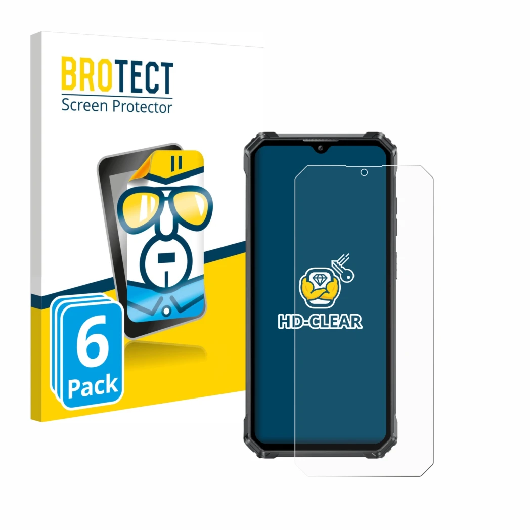 Front side of a product packaging with the brand logo BROTECT. Next to it is the device Oukitel G1 shown with the correspondin