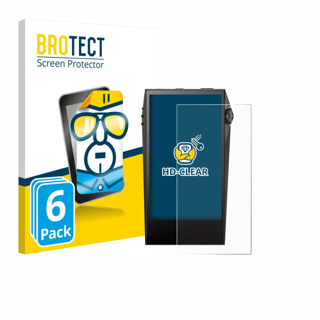 Front side of a product packaging with the brand logo BROTECT. Next to it is the device Astell&Kern SP3000M shown with the cor