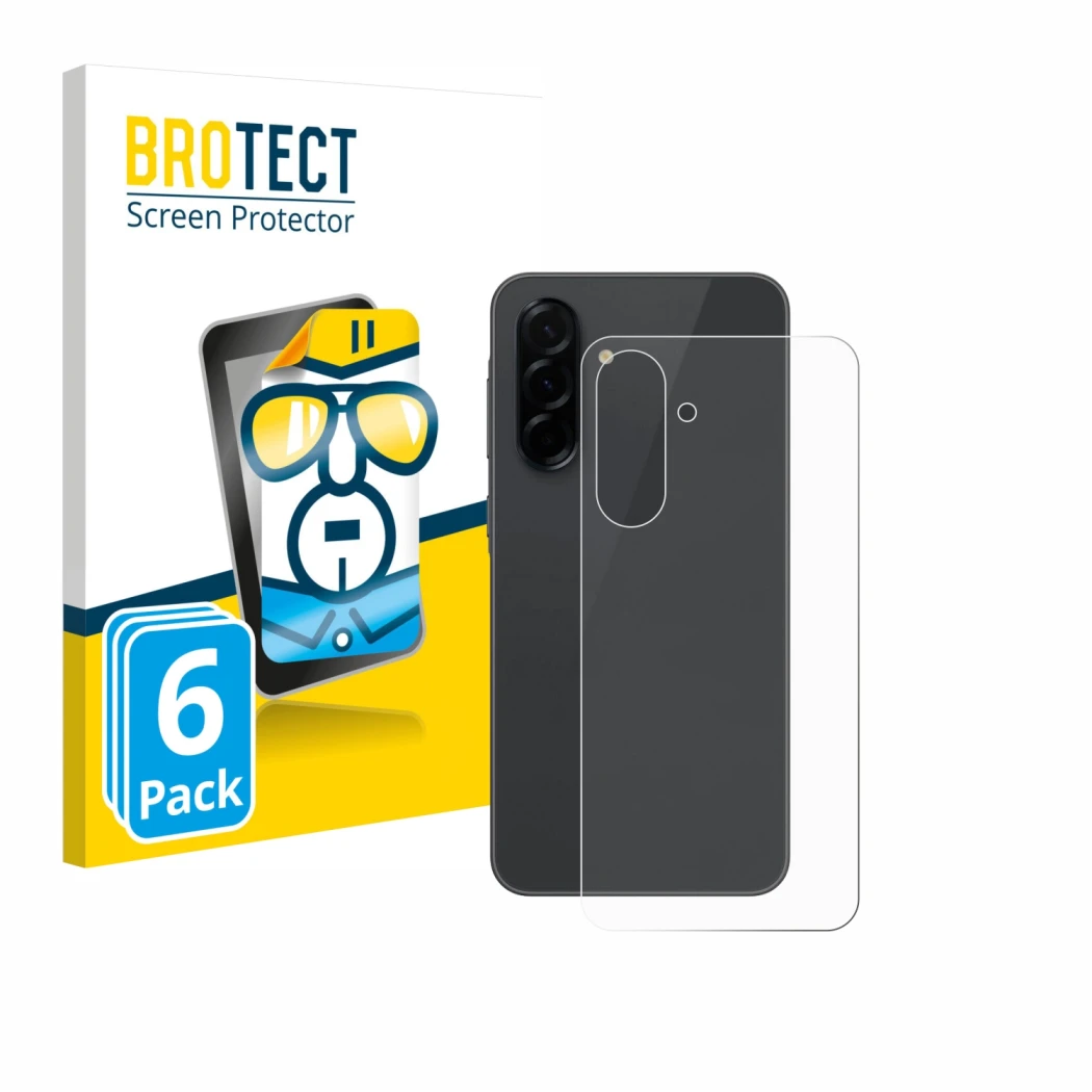 Front side of a product packaging with the brand logo BROTECT. Next to it is the device Samsung Galaxy A36 5G (Back) shown wit