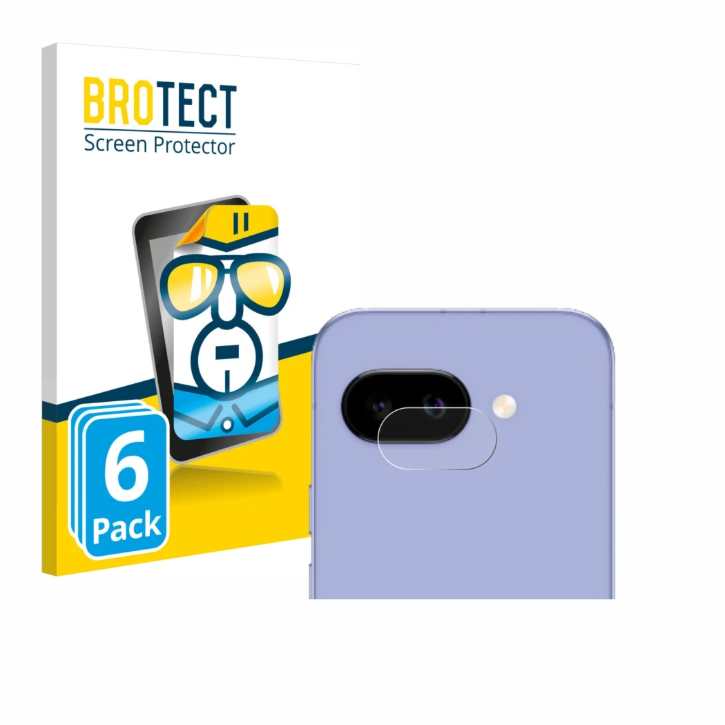 Front side of a product packaging with the brand logo BROTECT. Next to it is the device Google Pixel 9a (ONLY Camera Lens) sho