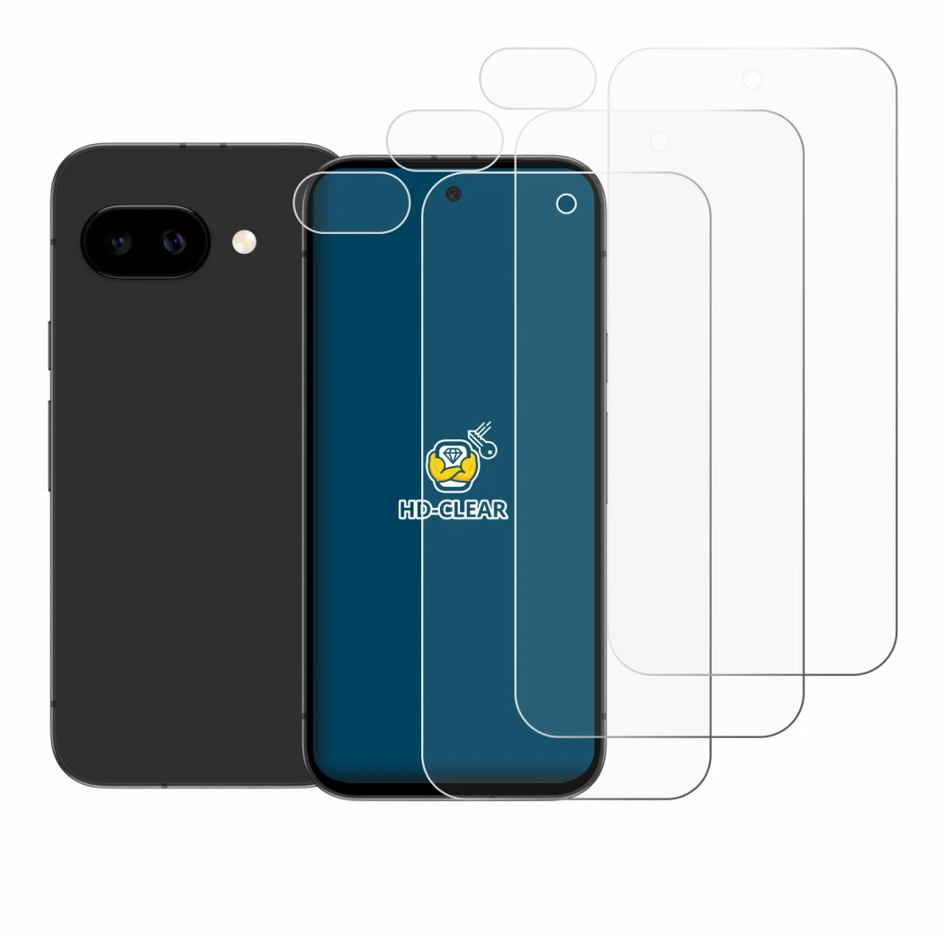 Image of the device Google Pixel 9a (Front+Camera) with a wide variety of screen protectors.