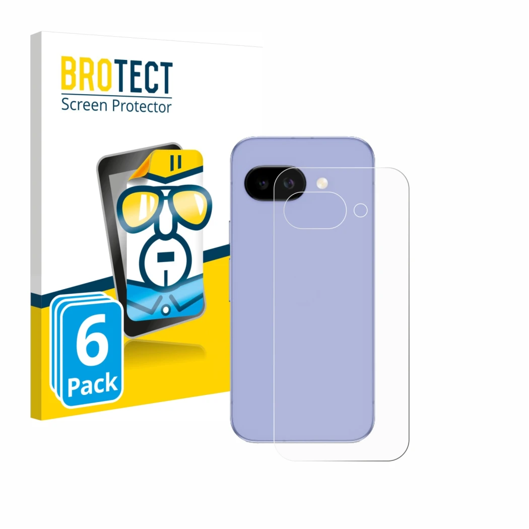 Front side of a product packaging with the brand logo BROTECT. Next to it is the device Google Pixel 9a (Back) shown with the 