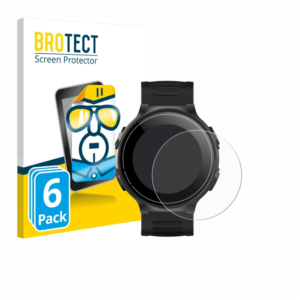 Front side of a product packaging with the brand logo BROTECT. Next to it is the device Kiprun GPS 500 Coros shown with the co