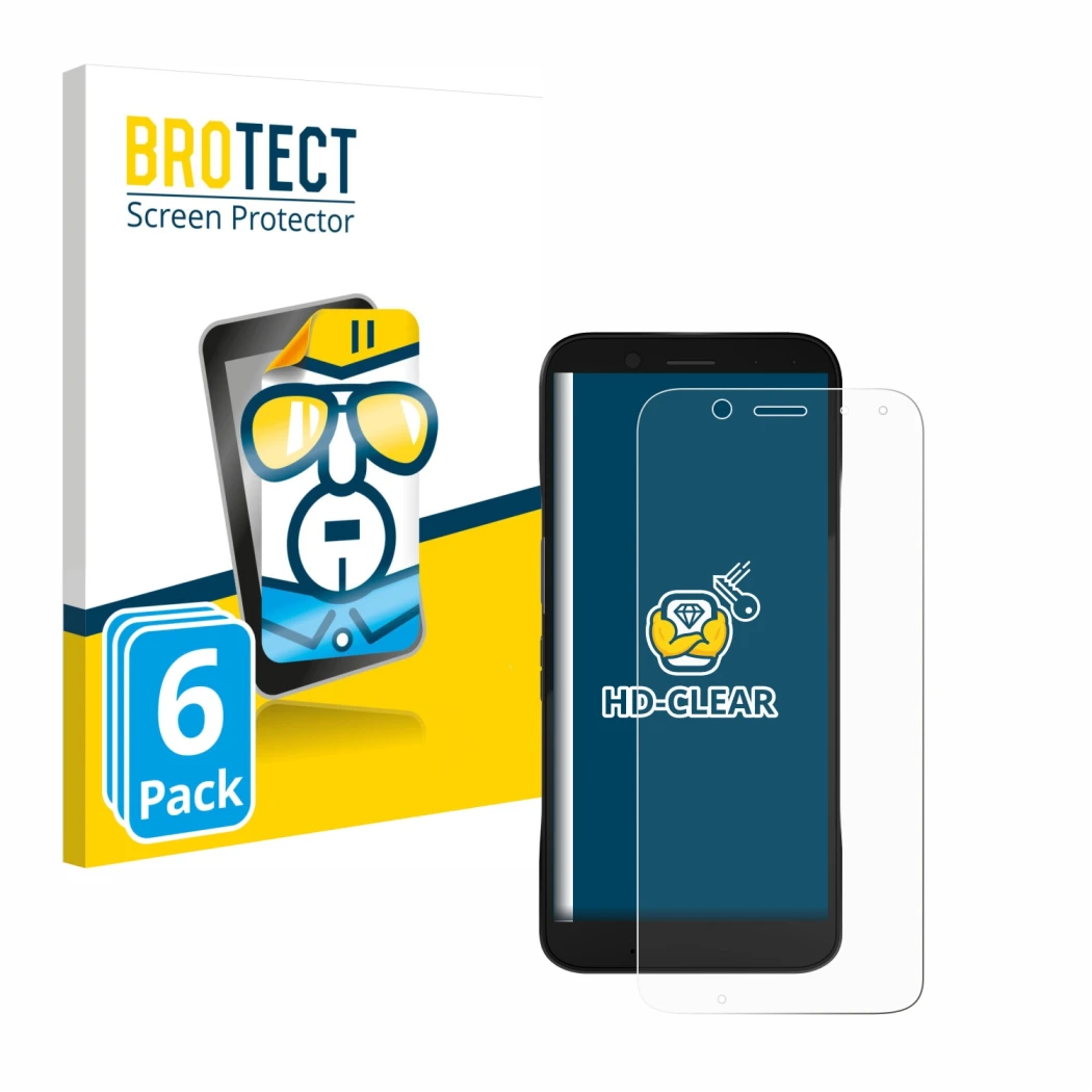 Front side of a product packaging with the brand logo BROTECT. Next to it is the device Datalogic Memor 12 shown with the corr