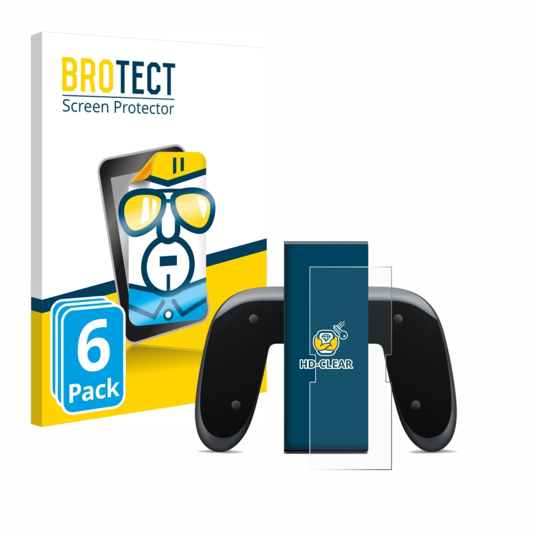 Front side of a product packaging with the brand logo BROTECT. Next to it is the device Nintendo Switch 2 Joy-Con 2-Holder sho