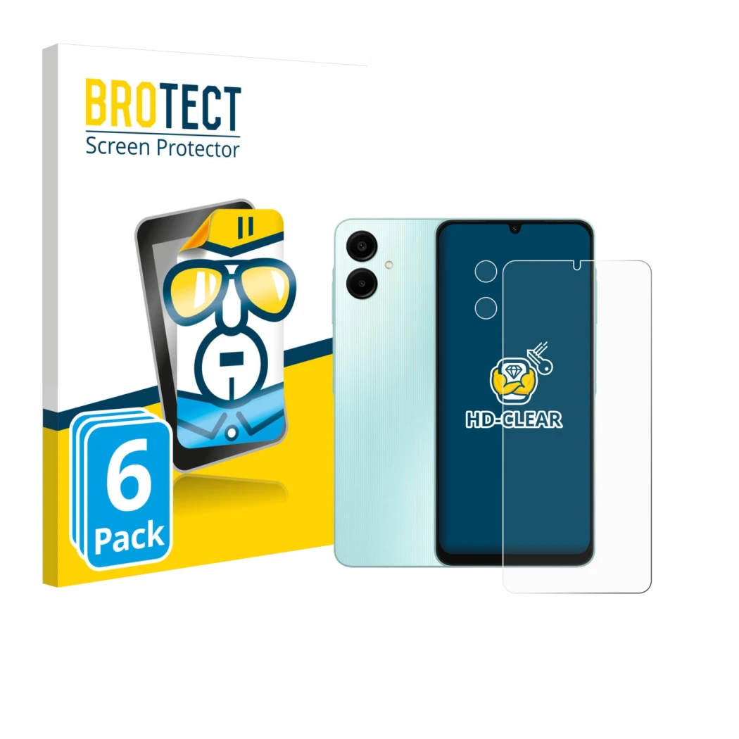 Front side of a product packaging with the brand logo BROTECT. Next to it is the device Samsung Galaxy A06 5G (Front+Camera) s