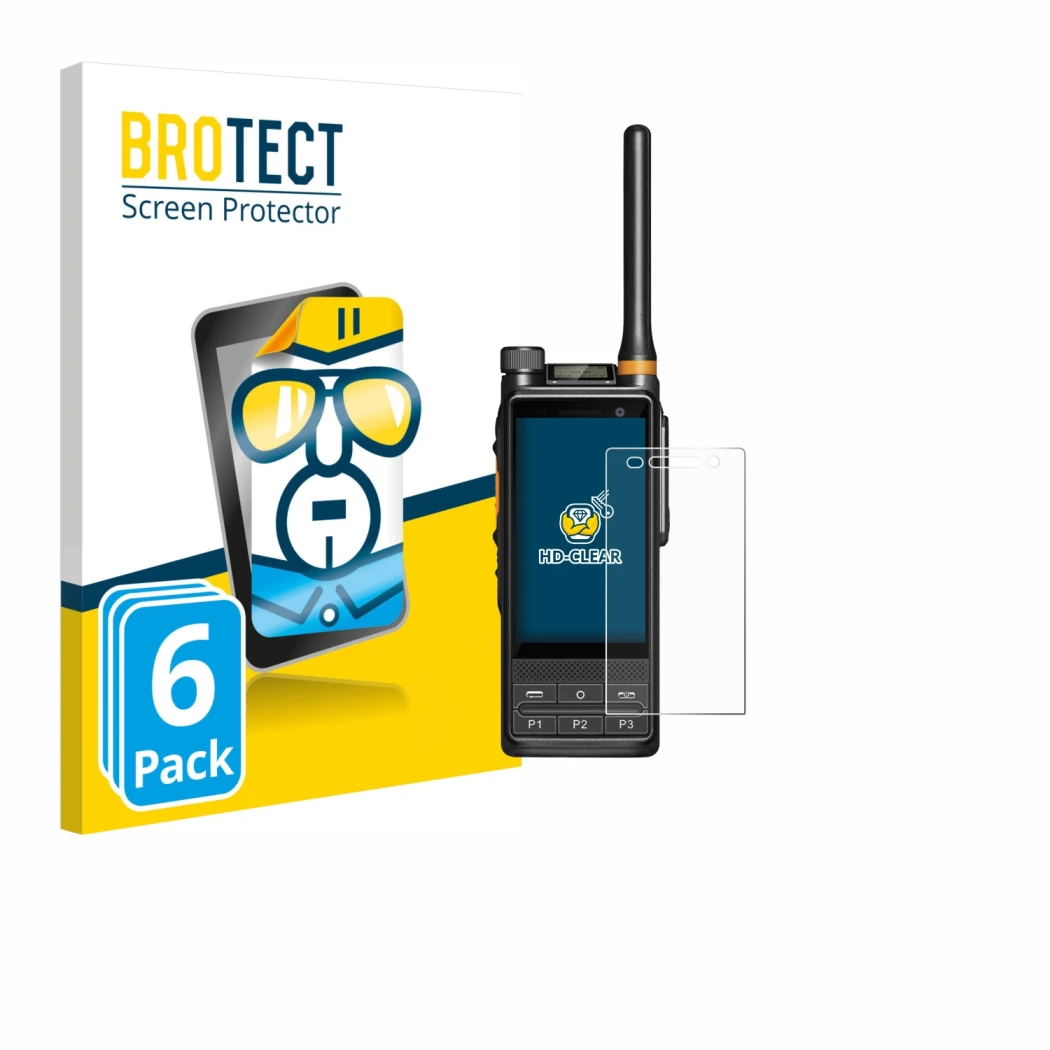 Front side of a product packaging with the brand logo BROTECT. Next to it is the device Hytera PDC680 shown with the correspon