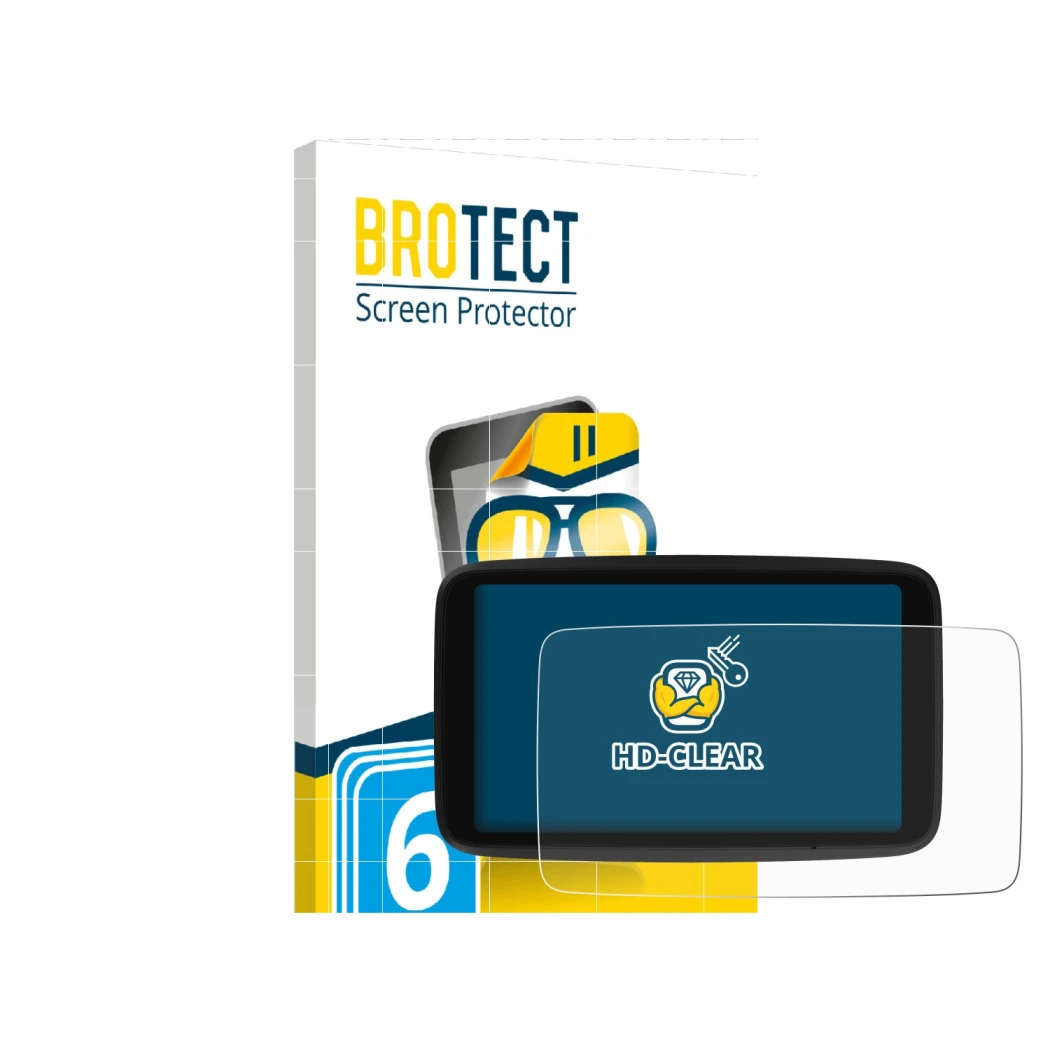 Front side of a product packaging with the brand logo BROTECT. Next to it is the device TomTom Go Navigator 6