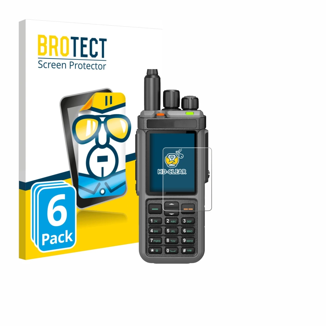 Front side of a product packaging with the brand logo BROTECT. Next to it is the device Radtel RT-880 shown with the correspon
