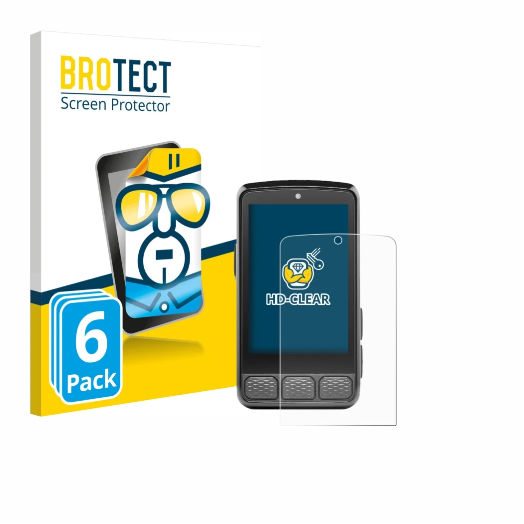 Front side of a product packaging with the brand logo BROTECT. Next to it is the device Wahoo Elemnt Roam 3 shown with the cor