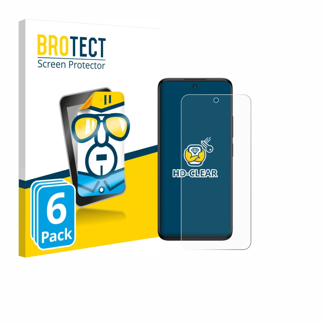 Front side of a product packaging with the brand logo BROTECT. Next to it is the device TCL 60 5G shown with the corresponding