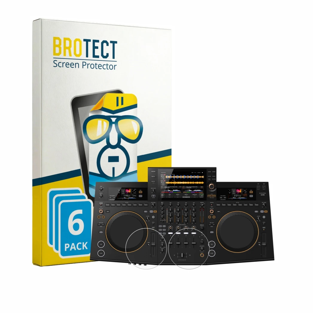 Front side of a product packaging with the brand logo BROTECT. Next to it is the device Pioneer DJ OPUS-QUAD (Jog) shown with