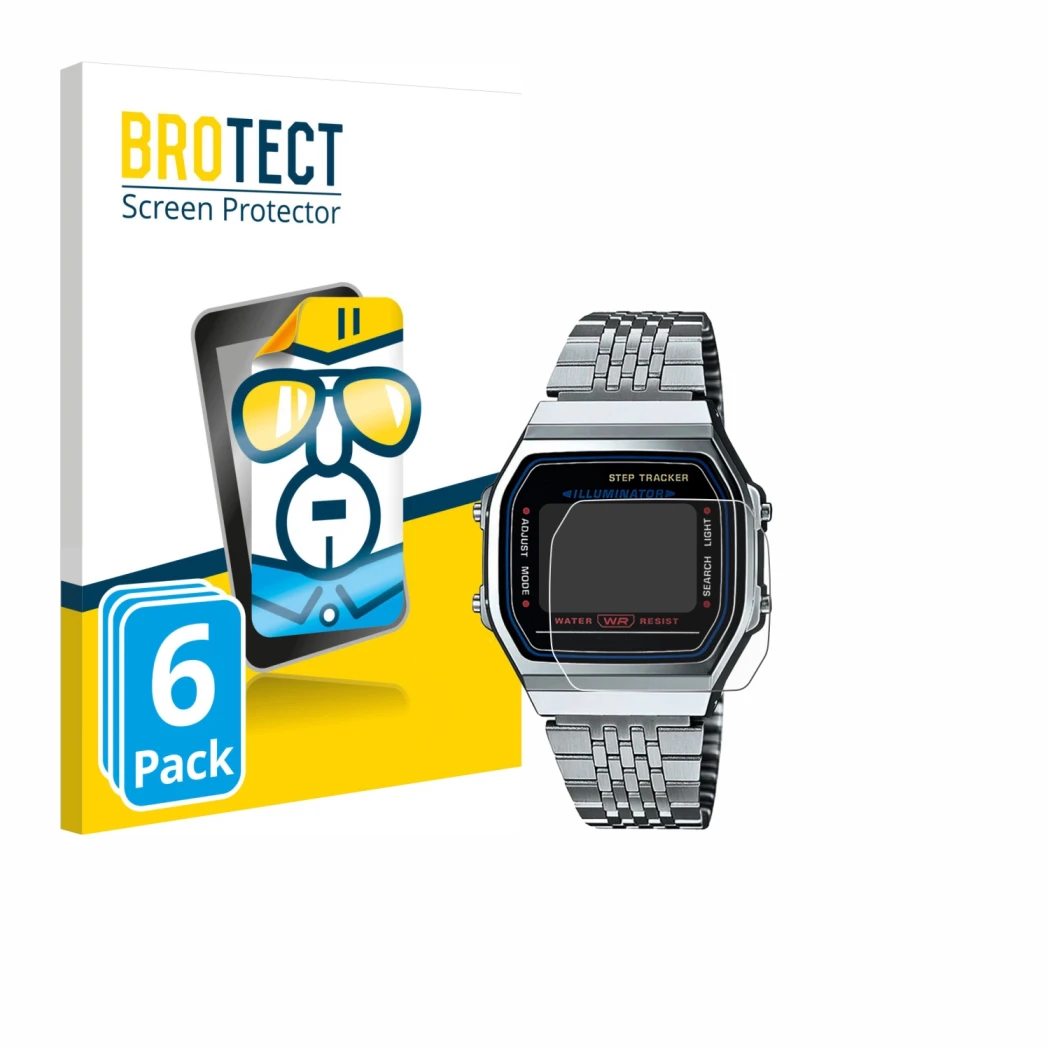 Front side of a product packaging with the brand logo BROTECT. Next to it is the device Casio iconic ABL-100WE-1A shown with t