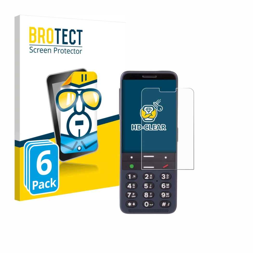 Front side of a product packaging with the brand logo BROTECT. Next to it is the device BlindShell Classic 3 shown with the co