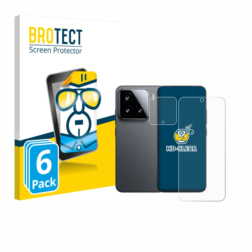 Front side of a product packaging with the brand logo BROTECT. Next to it is the device Xiaomi 15 (Front+Camera) shown with th