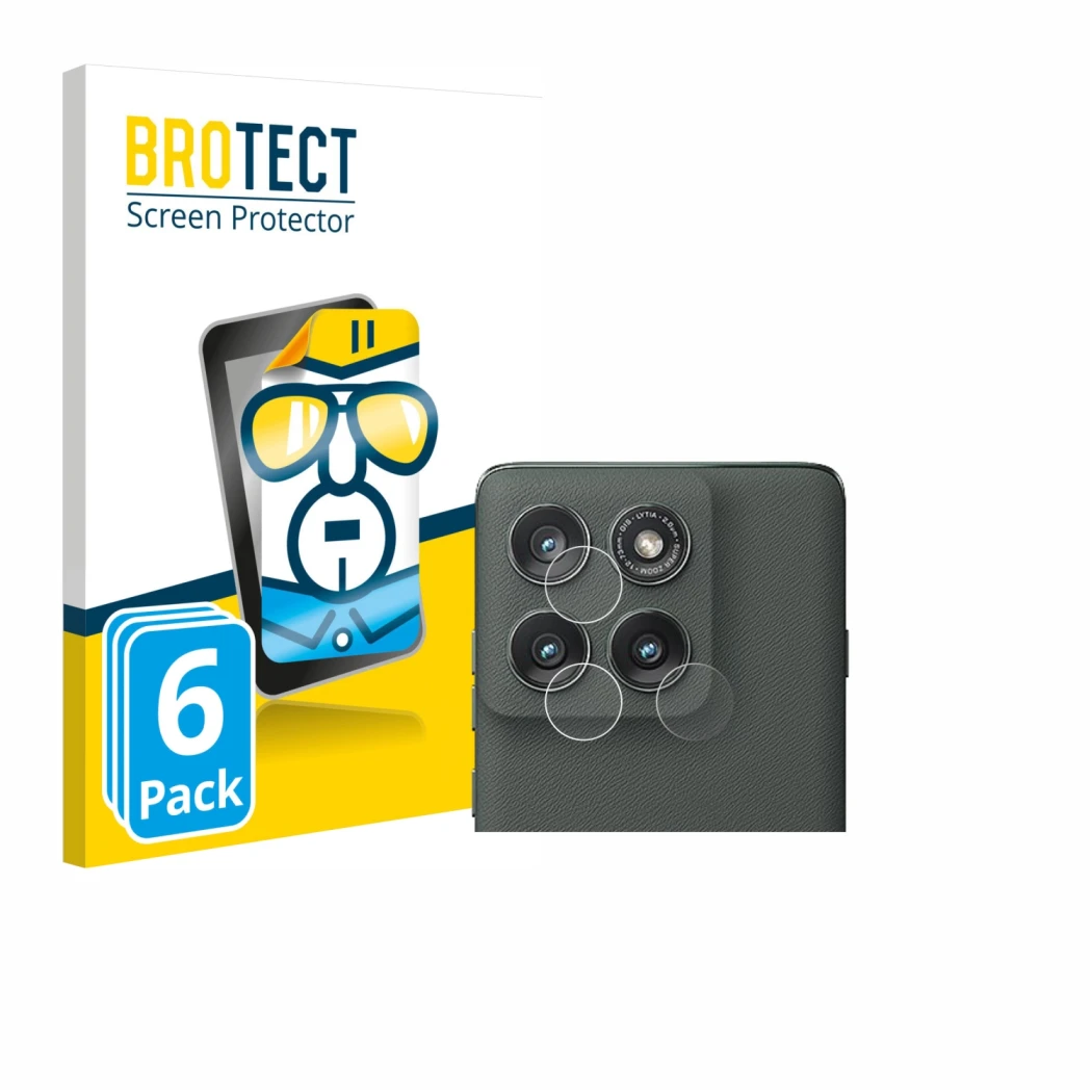 Front side of a product packaging with the brand logo BROTECT. Next to it is the device Motorola Edge (2025) (ONLY Camera Lens